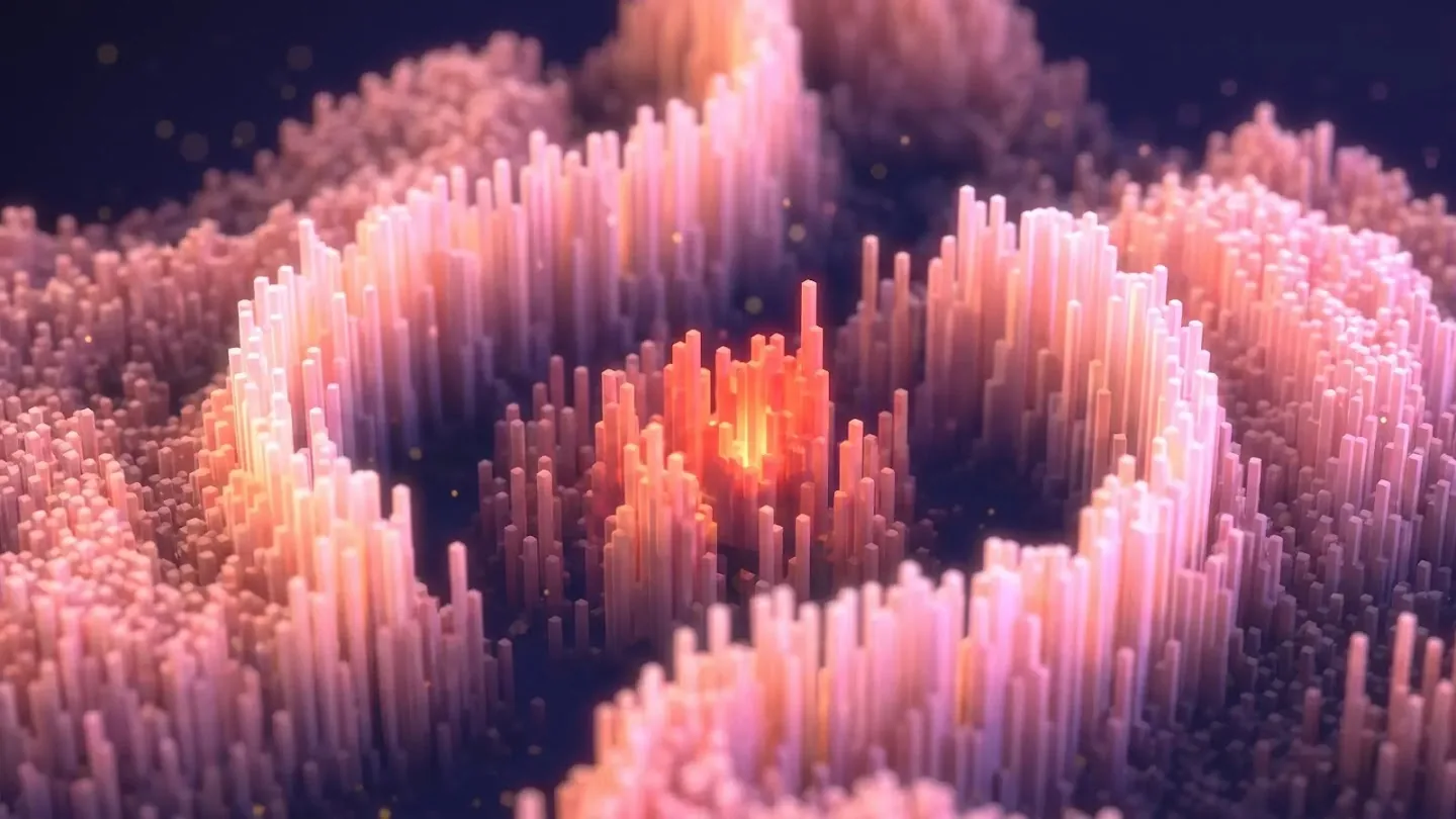 Paysage abstrait de colonnes lumineuses rose et orange illustrant AlphaGenome Atlas