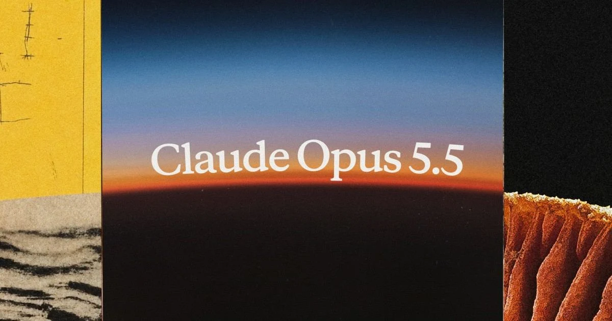Visuel de lancement de Claude Opus 5.5 : le nom du modèle sur un horizon bleu et orangé